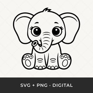 Bebê elefante SVG: clipart de contorno de elefante fêmea, arquivo de corte Kawaii para Cricut e Silhouette