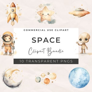 Pacote de clipart de espaço em aquarela - clipart de aquarela de sol, nave espacial de astronauta, clipart de espaço sideral, estrelas, lua, sol, download instantâneo