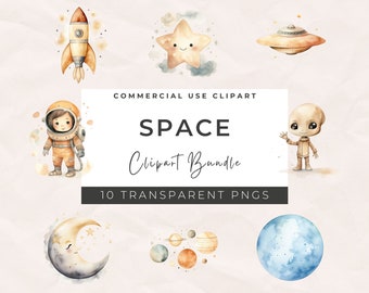 Watercolor Space Clipart Bundle: Astronaut, Planets, Moon (Instant Download)