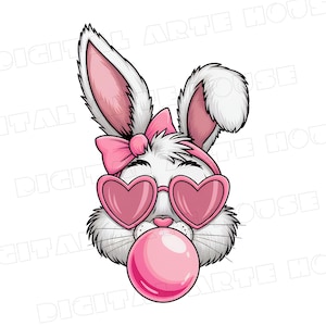 May include: A white bunny with pink heart-shaped sunglasses and a pink bow on its head is blowing a pink bubble.
