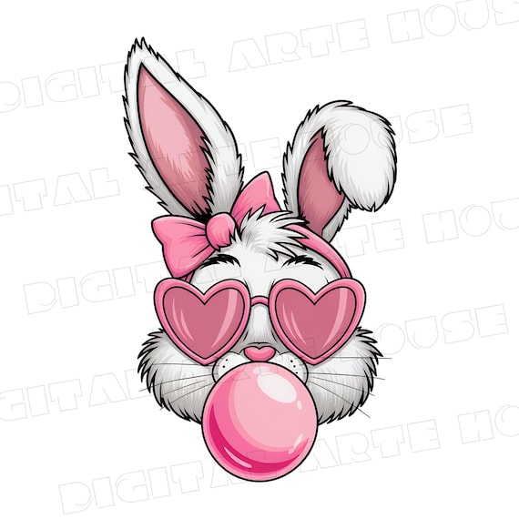 Coquette Bunny PNG: Pink Bow, Heart Glasses, Bubblegum (Digital Download)