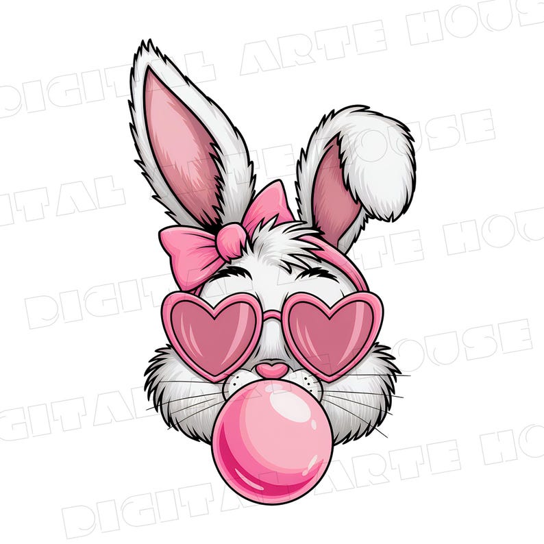 May include: A white bunny with pink heart-shaped sunglasses and a pink bow on its head is blowing a pink bubble.