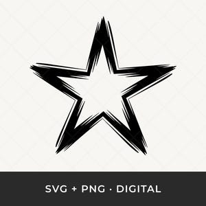 Könnte beinhalten: Illustration eines schwarzen, fünfzackigen Sterns mit Pinselstrich-Effekt. Der Stern ist auf einem weißen Hintergrund mit einem dezenten Rautenmuster zentriert. Der untere Teil des Bildes enthält den Text "SVG + PNG • DIGITAL".