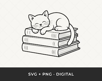 Cat Reading Books SVG: Book Lover Pet Cut File for Cricut