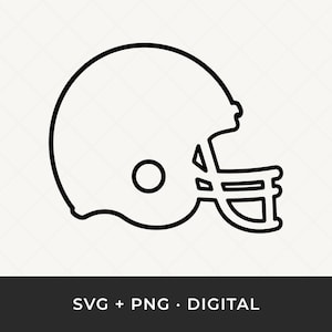 May include: Black outline illustration of a football helmet. The helmet features a rounded top, face mask, and ear protection. The image includes the text "SVG + PNG • DIGITAL" at the bottom.