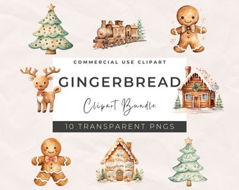 Watercolor Christmas Gingerbread Clipart: PNG Bundle (Commercial Use)