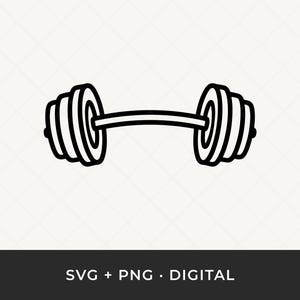 May include: Black and white line art illustration of a barbell, a weightlifting tool. The barbell has circular weight plates on each end. The image includes the text "SVG + PNG • DIGITAL" at the bottom.
