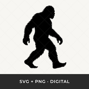 May include: A black silhouette of a Bigfoot walking to the left. The image is a digital design, with the text "SVG + PNG • DIGITAL" at the bottom.