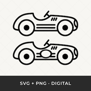 May include: Two black line art illustrations of vintage race cars. Each car has large wheels, a steering wheel, and a streamlined body. The image includes the text "SVG + PNG • DIGITAL" at the bottom.