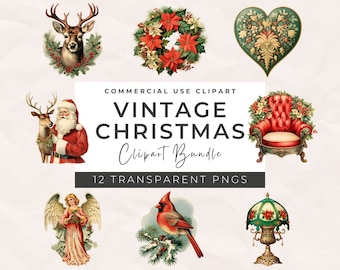 Watercolor Vintage Christmas Clipart Bundle: Retro Holiday PNG (Digital Download)