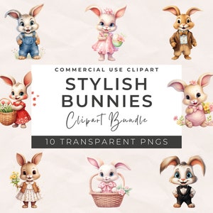 Paquete de imágenes prediseñadas de conejito de Pascua en acuarela: lindo conjunto de conejitos PNG, conejo floral, primavera transparente, imágenes prediseñadas de decoración de guardería, uso comercial