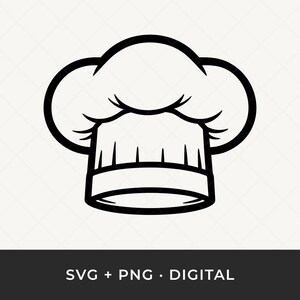 May include: A black and white line drawing of a chef's hat. The hat features a tall, rounded crown and a brim. The image is a digital SVG and PNG file.