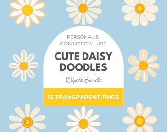 Daisy Doodles Clipart, pacchetto PNG floreale, uso commerciale (download digitale)