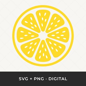 May include: A yellow lemon slice graphic with white detailing and a white background. The lemon is divided into segments, each with small white seeds. The bottom of the image has the text "SVG + PNG • DIGITAL".