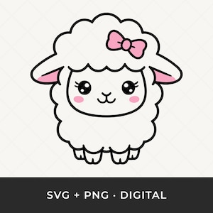 May include: A cute cartoon sheep illustration with a fluffy white body, pink ears and cheeks, and a pink bow. The sheep has large, expressive eyes and a small smile. The text "SVG + PNG • DIGITAL" is at the bottom.