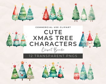Clipart de árbol de Navidad en acuarela: 12 gráficos PNG, uso comercial (descarga instantánea)
