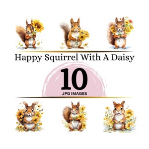 Écureuil heureux avec une marguerite Clipart - 10 fichiers JPG de haute qualité - agenda numérique, journaux indésirables, aquarelle - téléchargement numérique