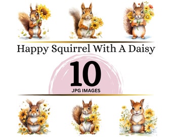 Squirrel with Daisy Clipart: Watercolor JPG Images (Digital Download)