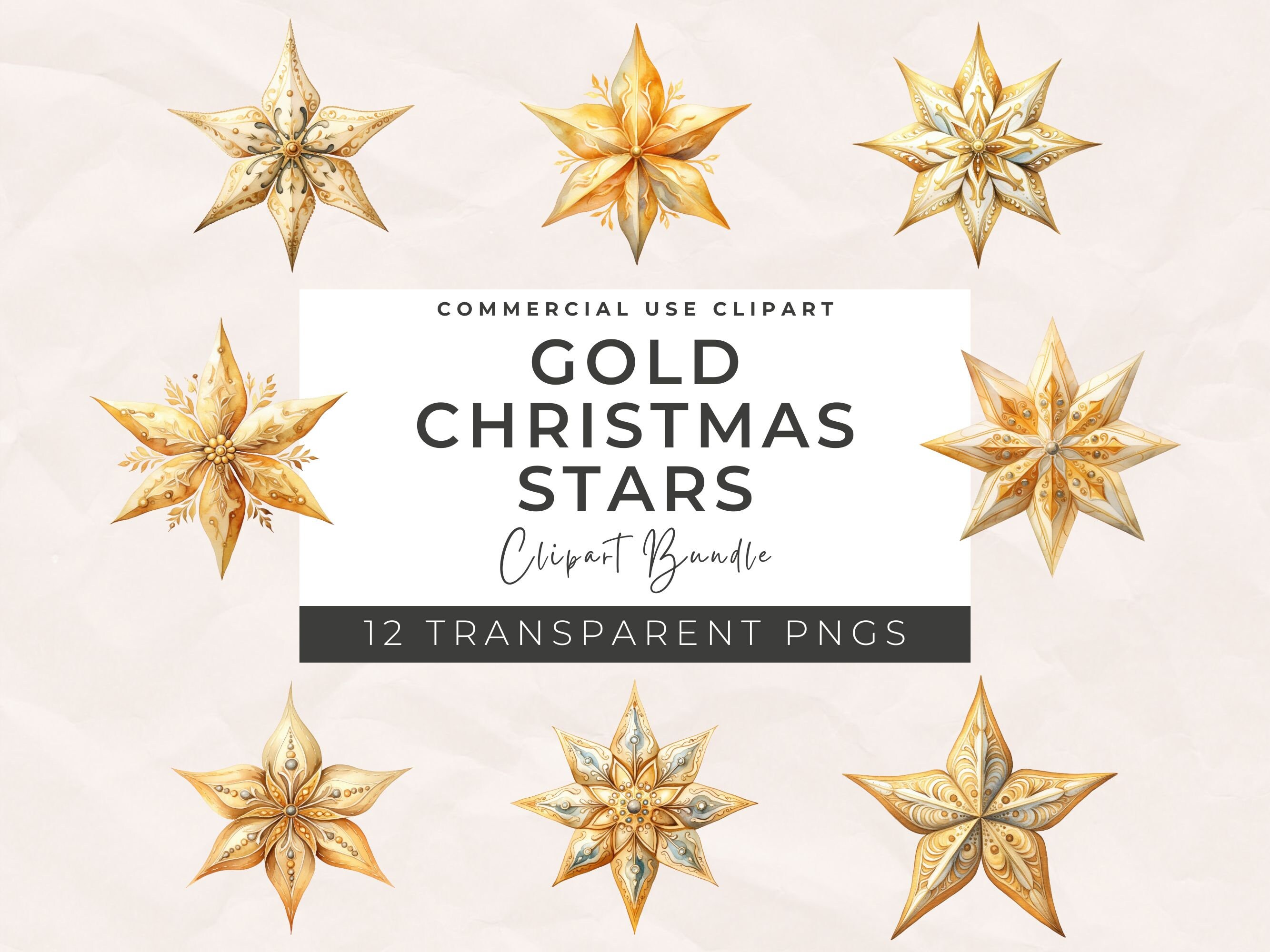 Watercolor Gold Christmas Star Clipart: Transparent PNG (Digital Download)