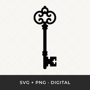 May include: A black, ornate key silhouette against a white background. The key features a decorative top with swirling details, a long stem, and a square bit with a cross-shaped opening. The image includes the text "SVG + PNG • DIGITAL".
