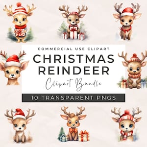 Clipart di renne ad acquerello - Renna carina PNG Clipart di renne di Babbo Natale Clipart di renne di Natale, uso commerciale, download immediato