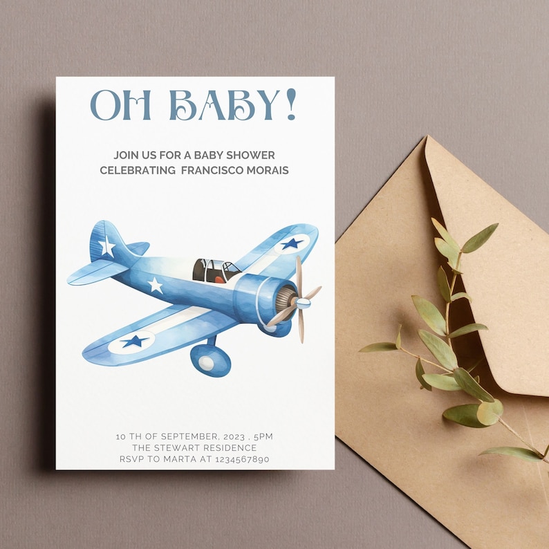 May include: A blue and white airplane with stars on the wings, a baby shower invitation with the text "Oh Baby!" and "Join us for a baby shower celebrating Francisco Morais". The invitation also includes the date, time, location, and RSVP information.