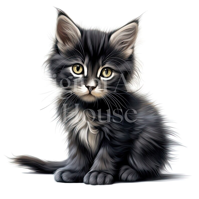 May include: A black and white fluffy kitten with yellow eyes sits on a white background. The kitten has a white patch on its chest and a white stripe on its forehead.