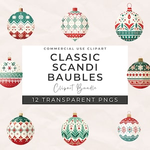 Clipart di palline di Natale scandinave - Pacchetto di clipart di Natale tradizionale, arte artistica dell'acquerello, Natale vintage di clipart invernale