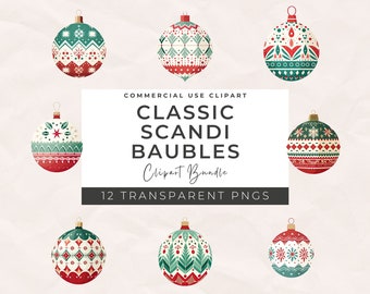 Scandinavian Christmas Baubles Clipart: Watercolor Winter Art (PNG)