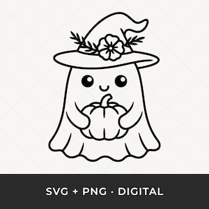 Halloween-Geist SVG: Geist mit Hexenhut und Kürbis, gruselige Cut-Datei für Cricut