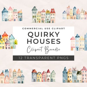 Clipart de casas peculiares em aquarela - Clipart de casas PNG, clipart peculiar, clipart de rua, planejador digital, livro de recortes, uso comercial, parte Cli