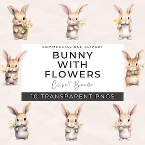 Aquarell Hase mit Blumen, Clipart Bundle, Aquarell Hase, Clipart für kommerzielle Nutzung, Kinderzimmer Frühling Clipart, Osterhase