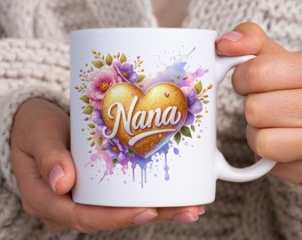 Nana Herz Tasse Wrap: Gold Glitter Sublimationsdesign (PNG Instant Download)
