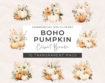 Watercolor Pumpkin Clipart: Boho Floral Fall Graphics (PNG)