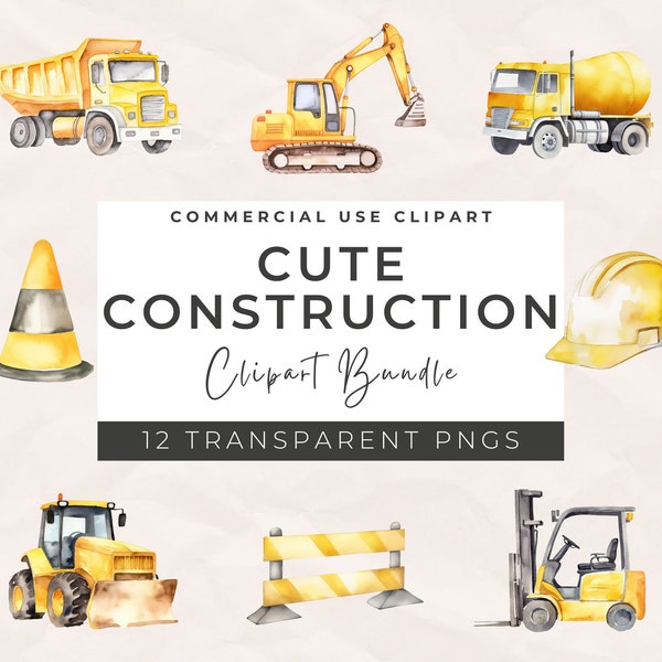 Watercolor Cute Construction Clipart Bundle, Digger, Excavator, Dump Truck, Bulldozer, Hard Hat PNG Commercial Use, Scrap Book