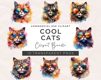 Puede incluir: Un paquete digital de clipart de diez ilustraciones de acuarela de gatos con gafas de sol. Los gatos están en varias poses y tienen diferentes colores de pelaje. El fondo es una acuarela de colores.