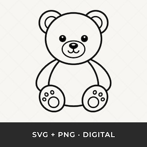 Può includere: Disegno a tratto nero e bianco di un orsacchiotto. L'orso ha una testa rotonda, piccole orecchie e un viso sorridente. Anche le braccia e le gambe dell'orso sono arrotondate. Include il testo "SVG + PNG • DIGITAL".