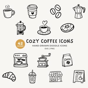 May include: A collection of hand-drawn black and white coffee icons, including a coffee cup, to-go cup, coffee beans, a coffee maker, a French press, a coffee cup with a heart, a donut, a coffee machine, a coffee grinder, a coffee bag, a croissant, a cold coffee drink, a cafe, and a menu. The text "COZY COFFEE ICONS" is displayed.