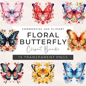 Watercolor Butterfly Clipart: Floral PNG Graphics for Commercial Use (Digital Download)