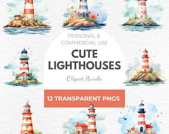 Watercolor Lighthouse Clipart Bundle: Seaside Ocean Graphics (PNG)