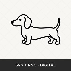 Può includere: Illustrazione in bianco e nero di un bassotto di profilo. Il cane ha un corpo lungo, zampe corte e orecchie flosce. Il testo "SVG + PNG • DIGITAL" è incluso nella parte inferiore dell'immagine.