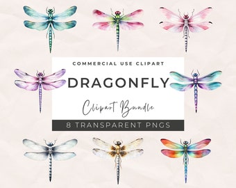 Watercolor Dragonfly Clipart Bundle: Transparent PNG (Instant Download)