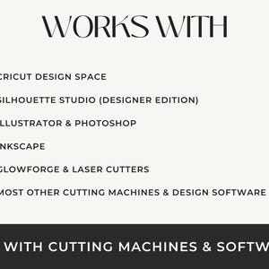 May include: Text graphic with the words "WORKS WITH" at the top, followed by a bulleted list of compatible software, including Cricut Design Space, Silhouette Studio, Illustrator & Photoshop, Inkscape, and Glowforge. The bottom banner reads "USE WITH CUTTING MACHINES & SOFTWARE."