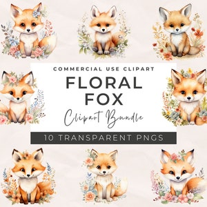 Clipart renard floral aquarelle - adorable renard PNG renard floral graphiques bébé renard PNG décoration de douche de bébé, usage commercial PNG, téléchargement immédiat