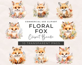 Watercolor Floral Fox Clipart - Adorable Fox PNG Floral Fox Graphics Baby Fox PNG Baby Shower Decor, PNG Commercial Use, Instant Download