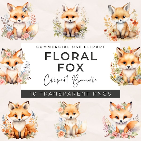 Watercolor Floral Fox Clipart - Adorable Fox PNG Floral Fox Graphics Baby Fox PNG Baby Shower Decor, PNG Commercial Use, Instant Download