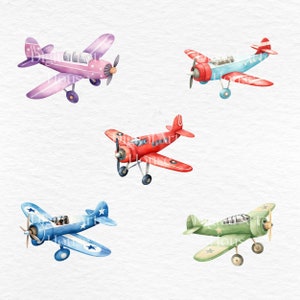 May include: Five watercolor illustrations of airplanes in various colors, including red, blue, green, and purple. The airplanes are all in flight and have a cartoonish style.