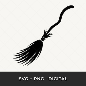 May include: A black silhouette of a witch's broom with a curved handle and a bundle of bristles. The broom is angled diagonally across a white background with a diamond pattern. The text "SVG + PNG • DIGITAL" is at the bottom.