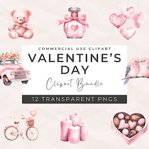 Paquete de imágenes prediseñadas del día de San Valentín en acuarela: paquete de gráficos encantadores, lindos animales bebés, diseño PNG de corazones, álbum de recortes, uso comercial