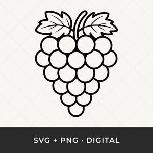 Può includere: Illustrazione in bianco e nero di un grappolo d'uva con foglie. L'immagine è un file digitale SVG e PNG. L'uva è rotonda e raggruppata, con due foglie in alto. Il testo 'SVG + PNG • DIGITAL' è in basso.